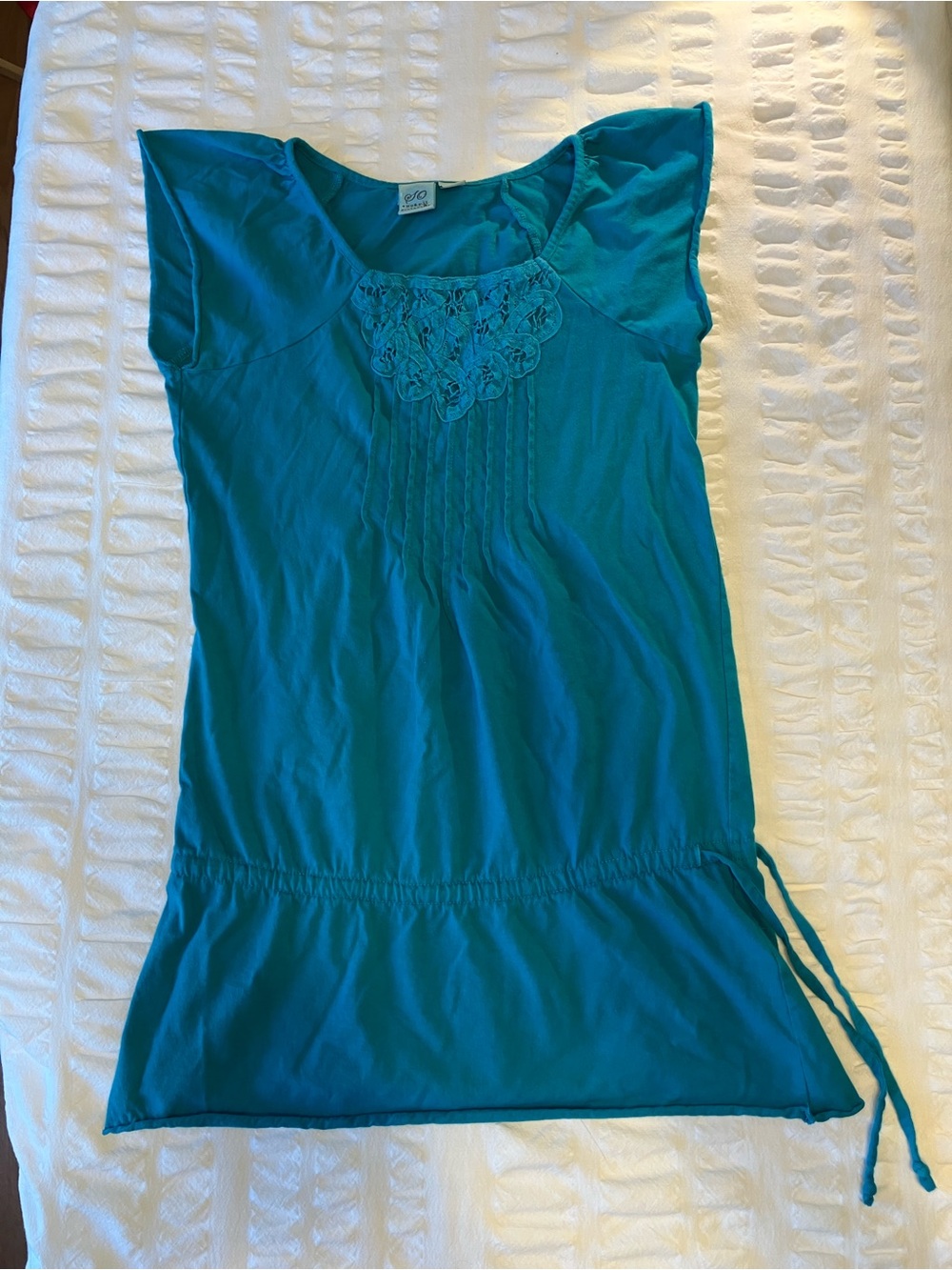 Girls’Teal Cap-Sleeve Tunic Top with Lace Detail